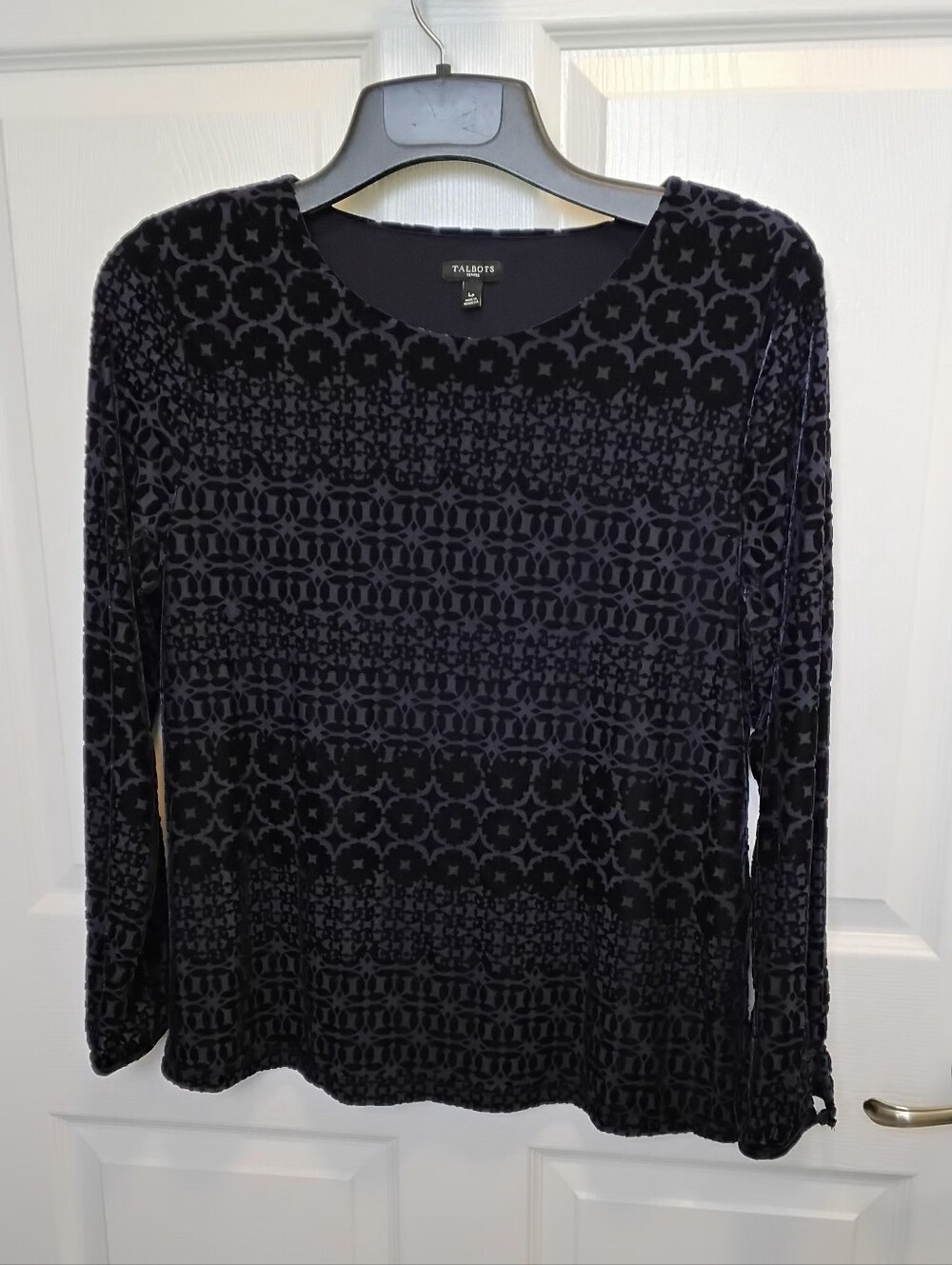 Talbots Black‎ Velvet Burnout Long Sleeve Scoop Neck Top